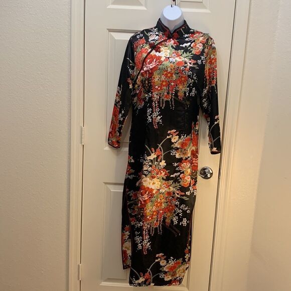 Laogudai 2 XL Black Red High Neck Long Sleeve Zip Back Asian Floral Maxi Dress - Picture 2 of 9